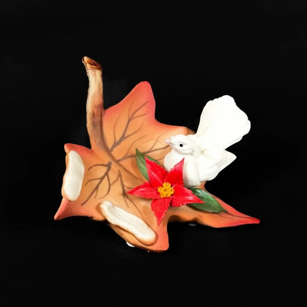 Italian Capodimonte Porcelain Figurine White Dove Bird on Autumn Leaf Poinsettia